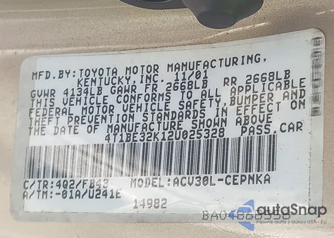 2002 Toyota Camry Le from USA, damaged, VIN 4T1BE32K12U025328